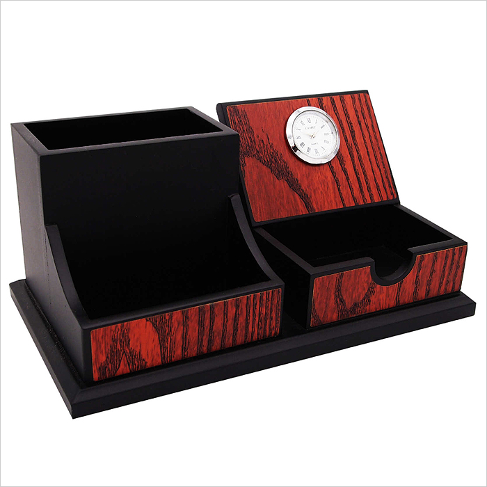 7218 - Wooden Pen Holder & Memo Holder With Clock