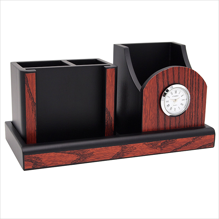 7222 - Wooden Pen Holder & Memo Holder With Clock