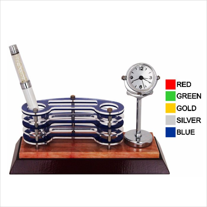 7103 - Wooden Acrylic Pen Holder With Clock