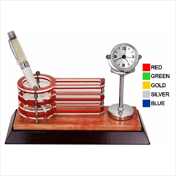 7104 - Wooden Acrylic Pen Holder With Clock