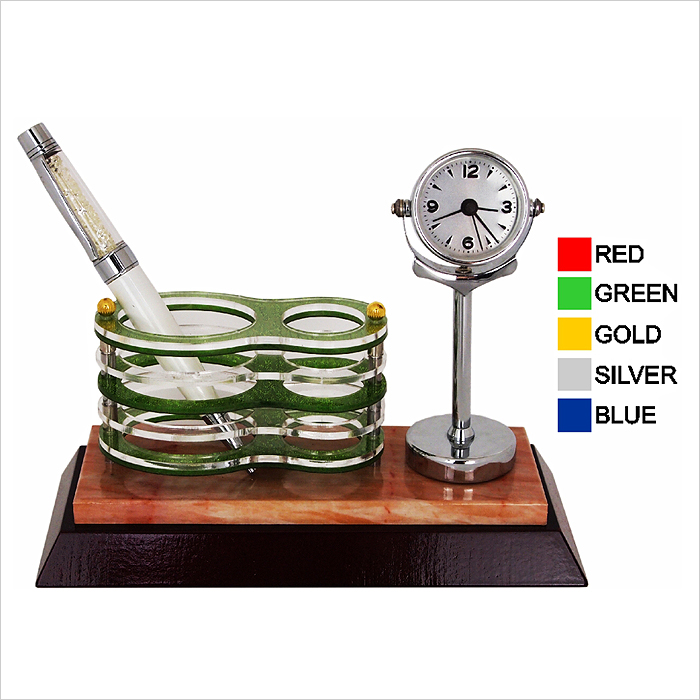 7105 - Wooden Acrylic Pen Holder With Clock