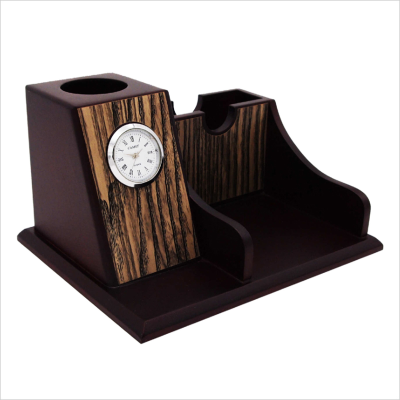 7217 - Wooden Pen Holder & Memo Holder With Clock