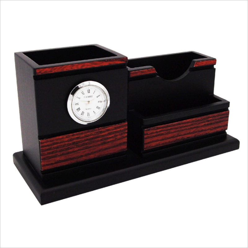 7219 - Wooden Pen Holder & Memo Holder With Clock